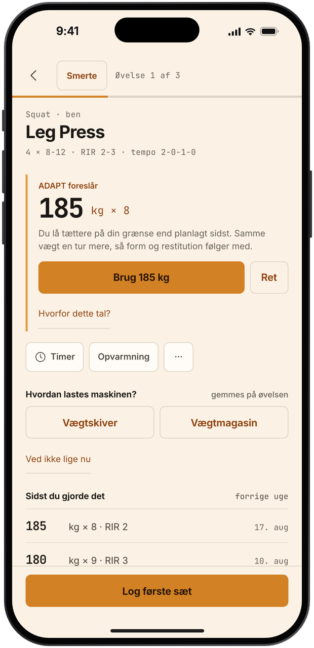 ADAPT foreslår 185 kg gange 8 og skriver hvorfor